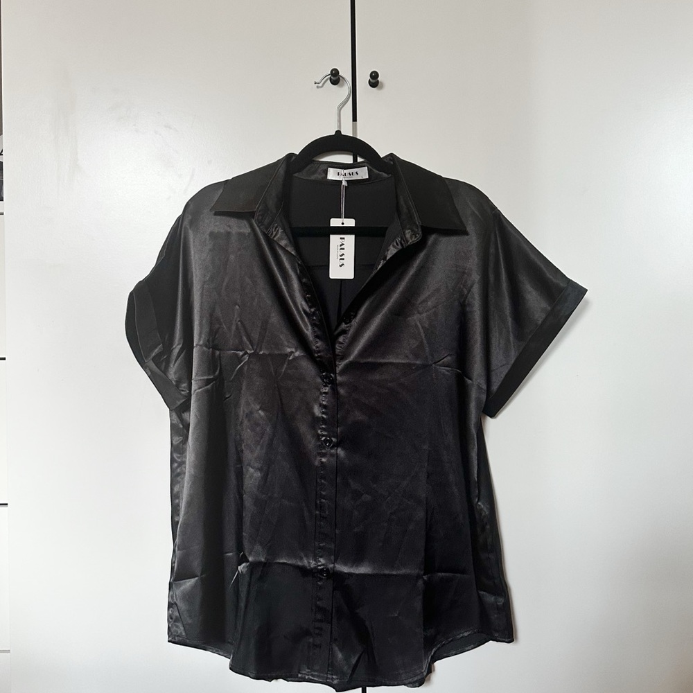 Black Satin Short Sleeve Shirt